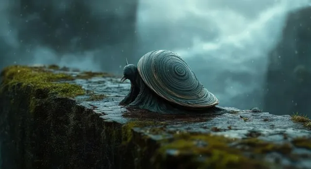 A snail crawls over a wet moss-covered rock, showing a textured spiral shell under cloudy light.