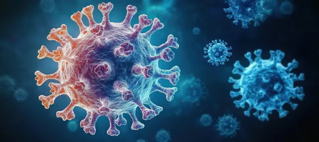 A microscopic coronavirus particle with glowing spikes floats on a dark blue background.