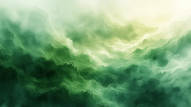 Abstract Green Watercolor Landscape with Misty Forest Layers