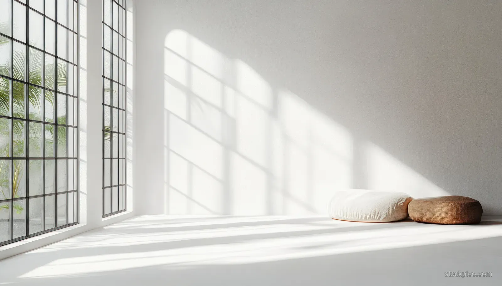 Sunlit minimalist room with window bars casting soft shadows on a white wall and floor near a cushion.