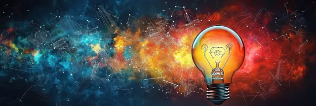 A glowing light bulb with detailed filament floats over swirling orange and blue nebula clouds with sparks.