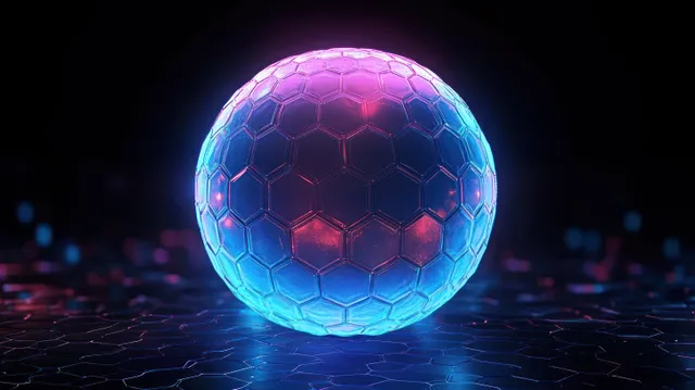 Neon hexagonal shield orb with glowing rim floats above a dark digital network grid.