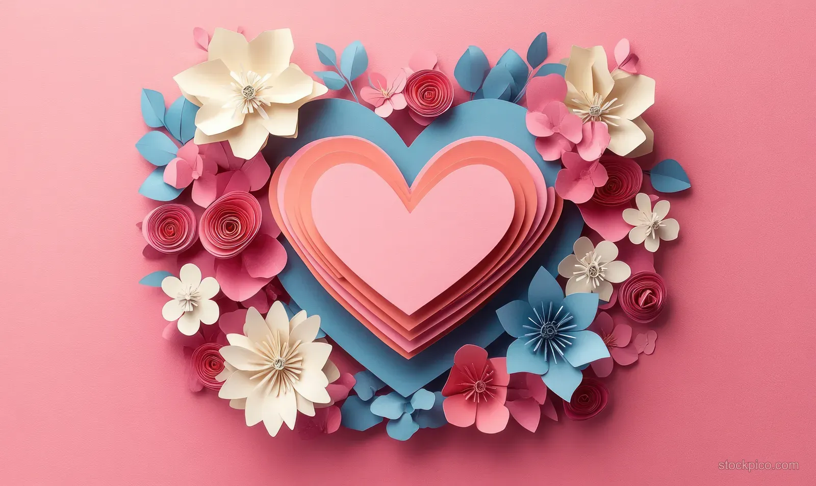 Layered paper heart surrounded by pastel paper flowers forms a wreath on a pink greeting card background.