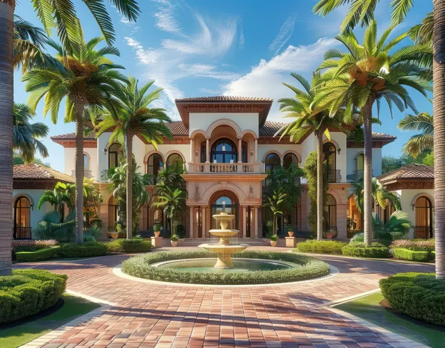 Mediterranean mansion front with palm trees, circular driveway, brick walkway, and central fountain beneath a blue sky.