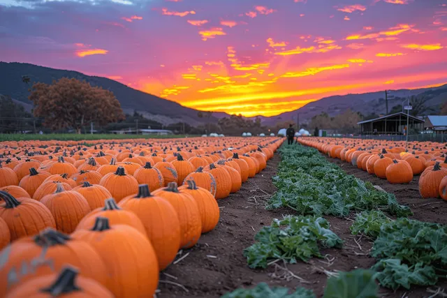 Sunset pumpkin patch with rows of orange gourds, wheelbarrows, hay bales, and visitors walking