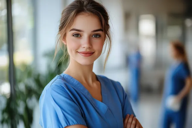 Nurse in blue scrubs stands with arms crossed in a modern hospital corridor as colleagues blur behind her.