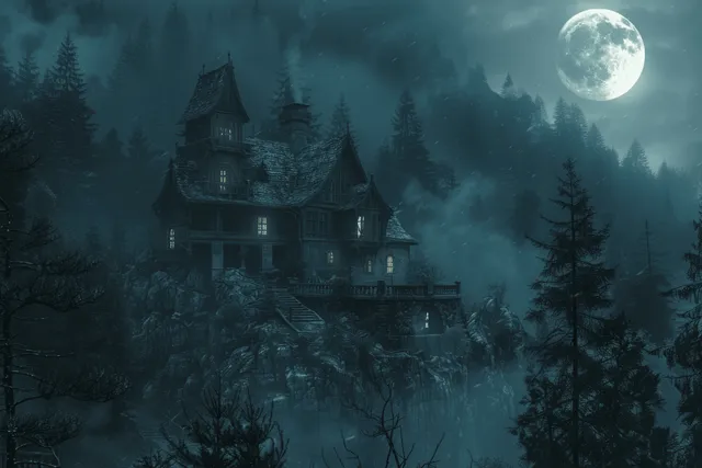 Gothic haunted mansion on a rocky cliff with glowing windows, surrounded by misty forest under a full moon.