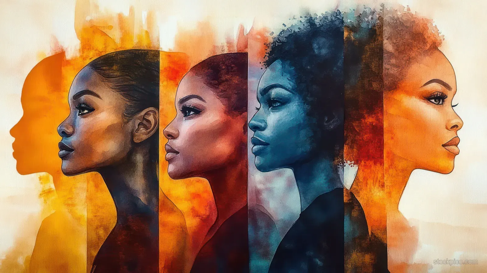 Four watercolor side-profile portraits of diverse women layered with orange splashes and dark ink silhouettes.