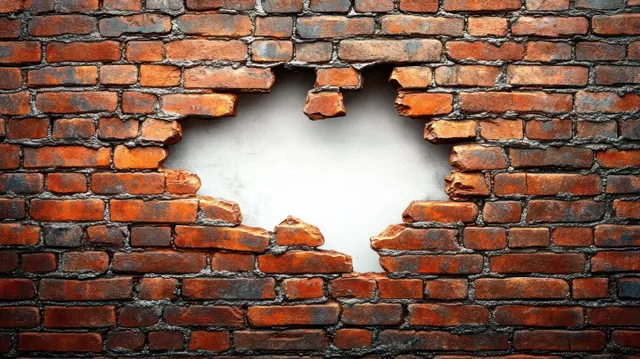 A red brick wall has a large irregular hole exposing a smooth white wall beneath it.