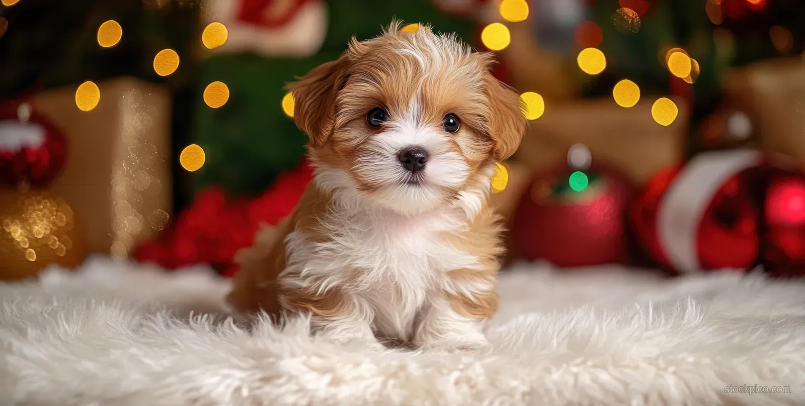 Small brown-and-white puppy sits on a white rug while warm Christmas lights and ornaments glow behind it.