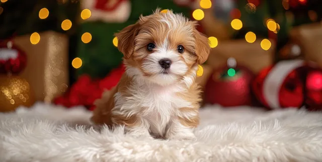 Small brown-and-white puppy sits on a white rug while warm Christmas lights and ornaments glow behind it.