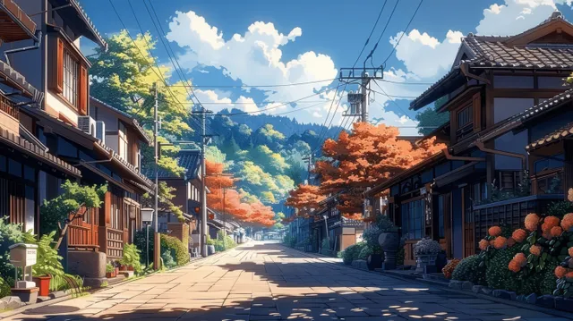 Lantern-lit Japanese village street with wooden houses, potted plants, and distant hills under a bright sky.