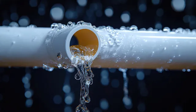 White PVC pipe leaks water droplets from a damaged opening against a dark blue bokeh background.