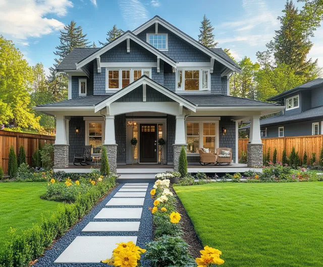 Modern house exterior with stone porch, tiled walkway, flowerbeds, and a green lawn under a blue sky.