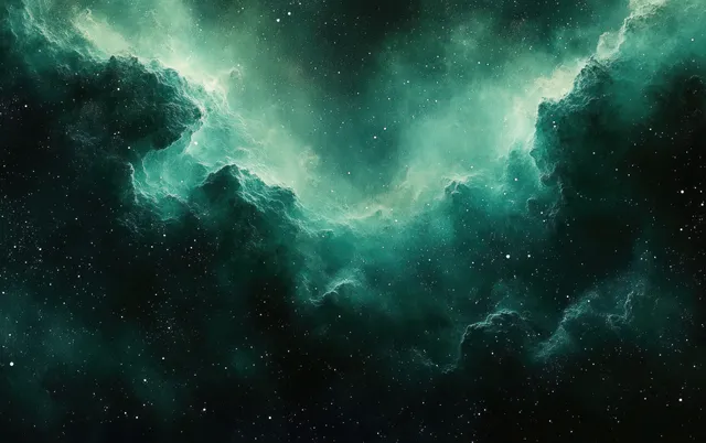Teal and green nebula clouds swirl through a dark star field with scattered bright stars.
