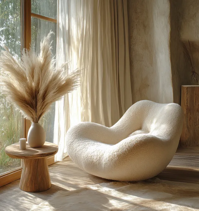 Sunlit minimalist living room showing a white armchair, wooden side table, pampas grass, and neutral curtains.