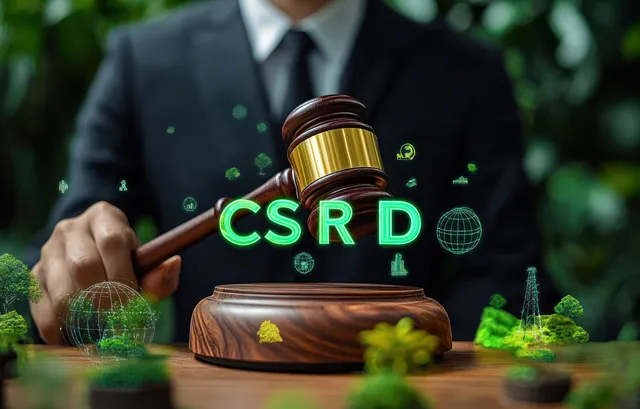 Suit-clad judge strikes a wooden gavel as glowing green holographic eco letters and icons float over greenery.