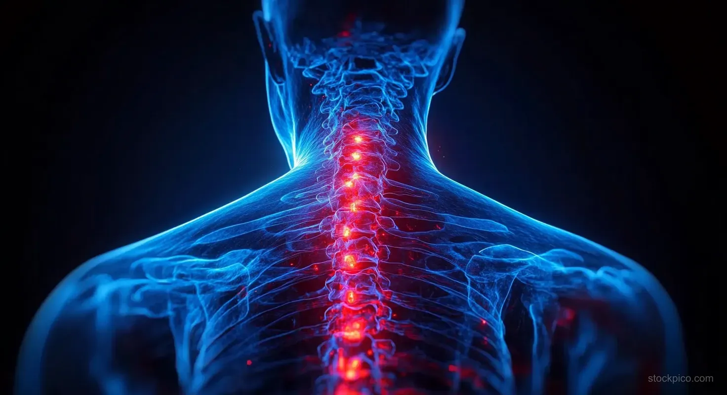 Translucent upper body medical illustration with a spine and red glowing vertebrae indicating inflammation.