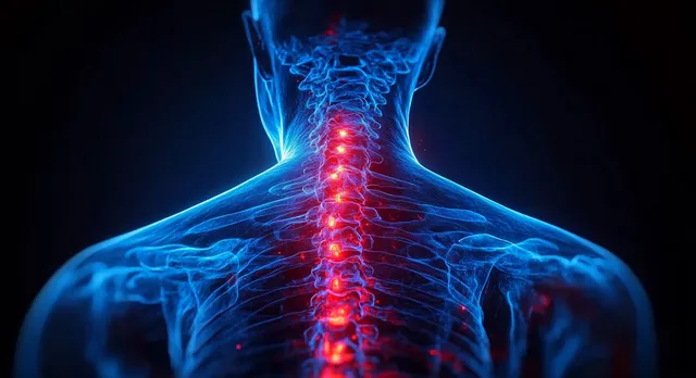 Digital medical spine illustration with red inflamed vertebrae glowing inside upper torso