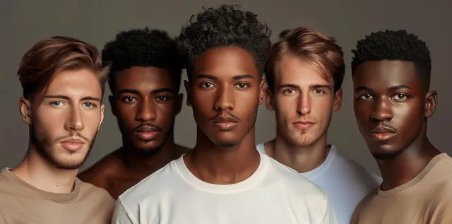 Multicultural group of confident men posing in t-shirts against a smooth gray studio background