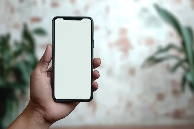 Hand holding a smartphone with a blank white screen against blurred brick and plants