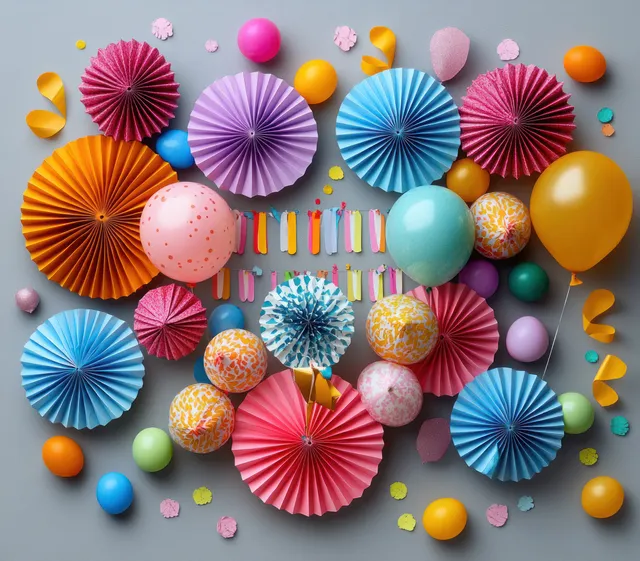 Assorted balloons, paper rosette fans, and confetti arranged on a grey background for a birthday party.