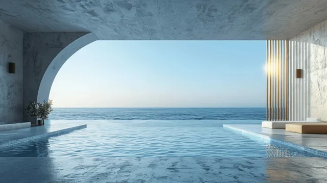 Minimalist concrete pool terrace overlooking ocean horizon in soft 3D architectural rendering