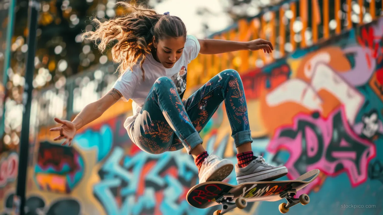 A skateboarder jumps in mid-air above graffiti-covered ramps inside a skate park.