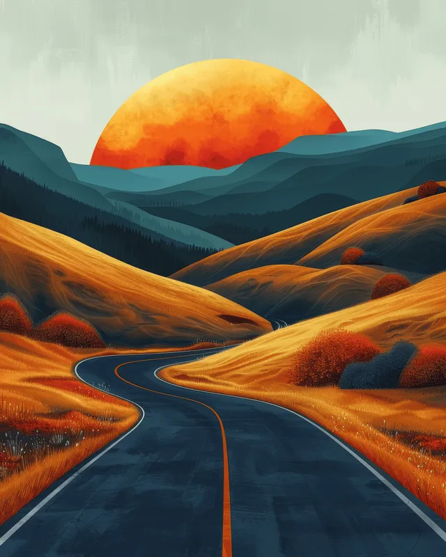 Curving highway runs through orange hills toward a glowing sun under a gradient sunset sky.