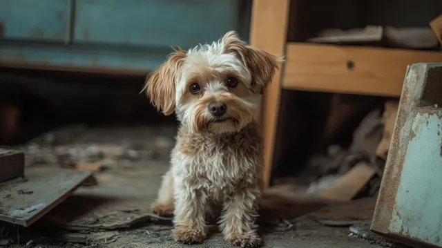 Small fluffy dog with curious eyes standing on a dusty floor amid cluttered rustic wooden and metal objects.
