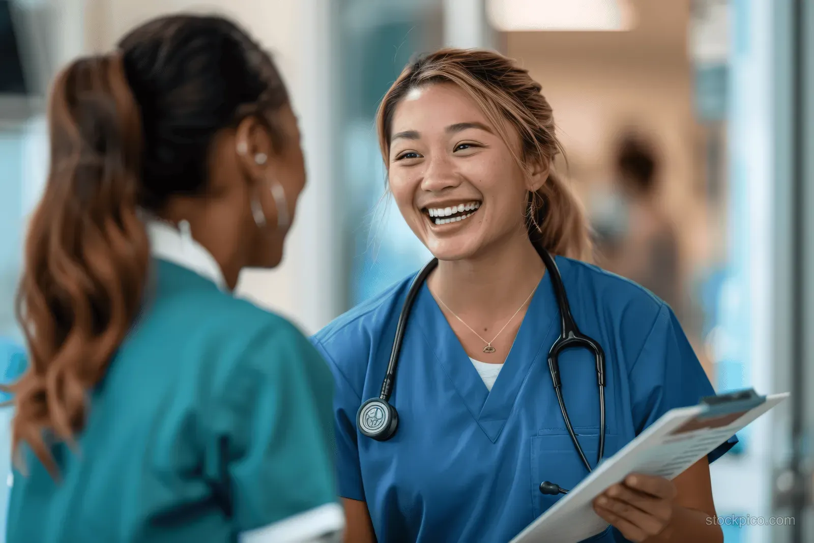 Smiling nurse in blue scrubs converses with a coworker in a hospital corridor while holding a clipboard.