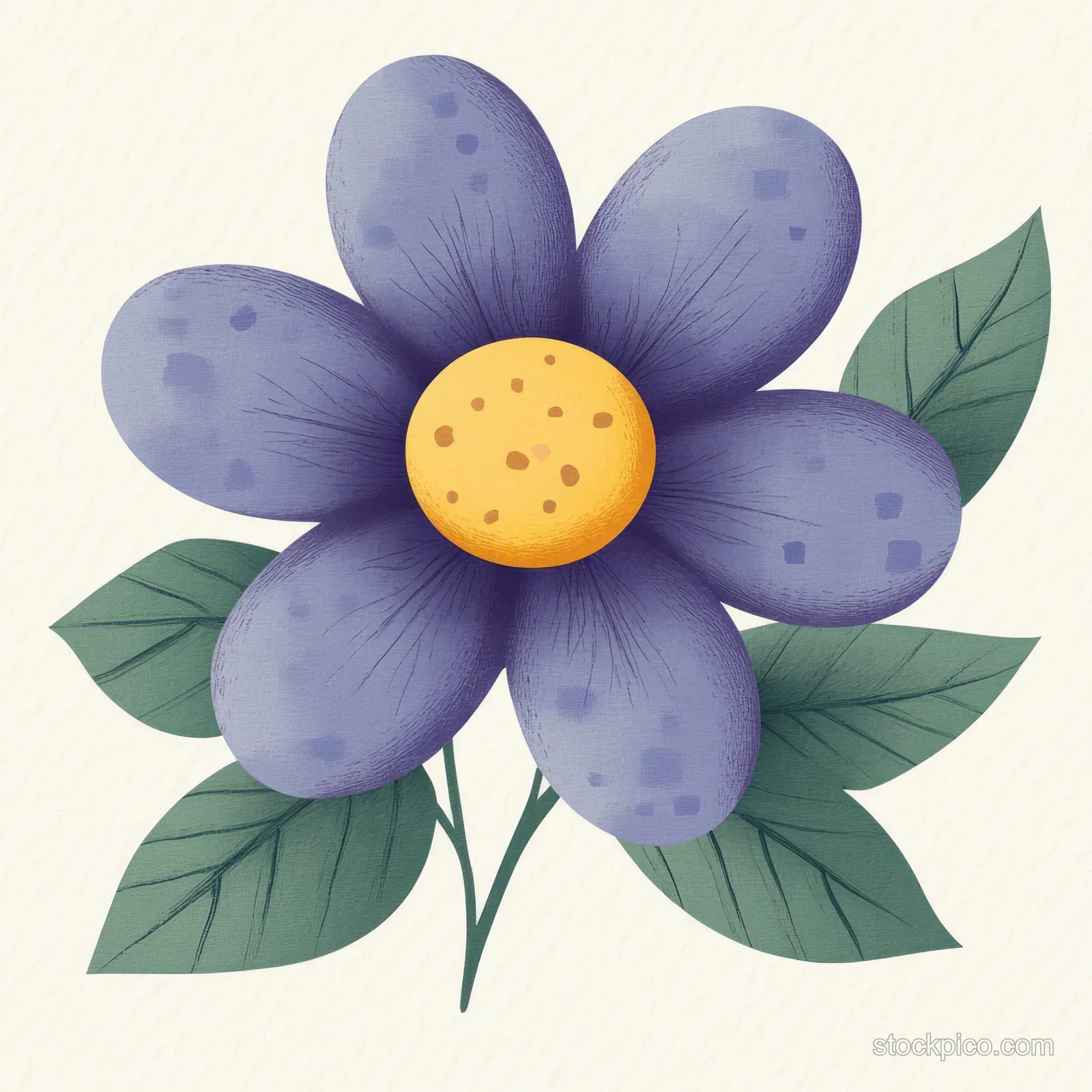 A purple six-petaled flower with a yellow center surrounded by green leaves.