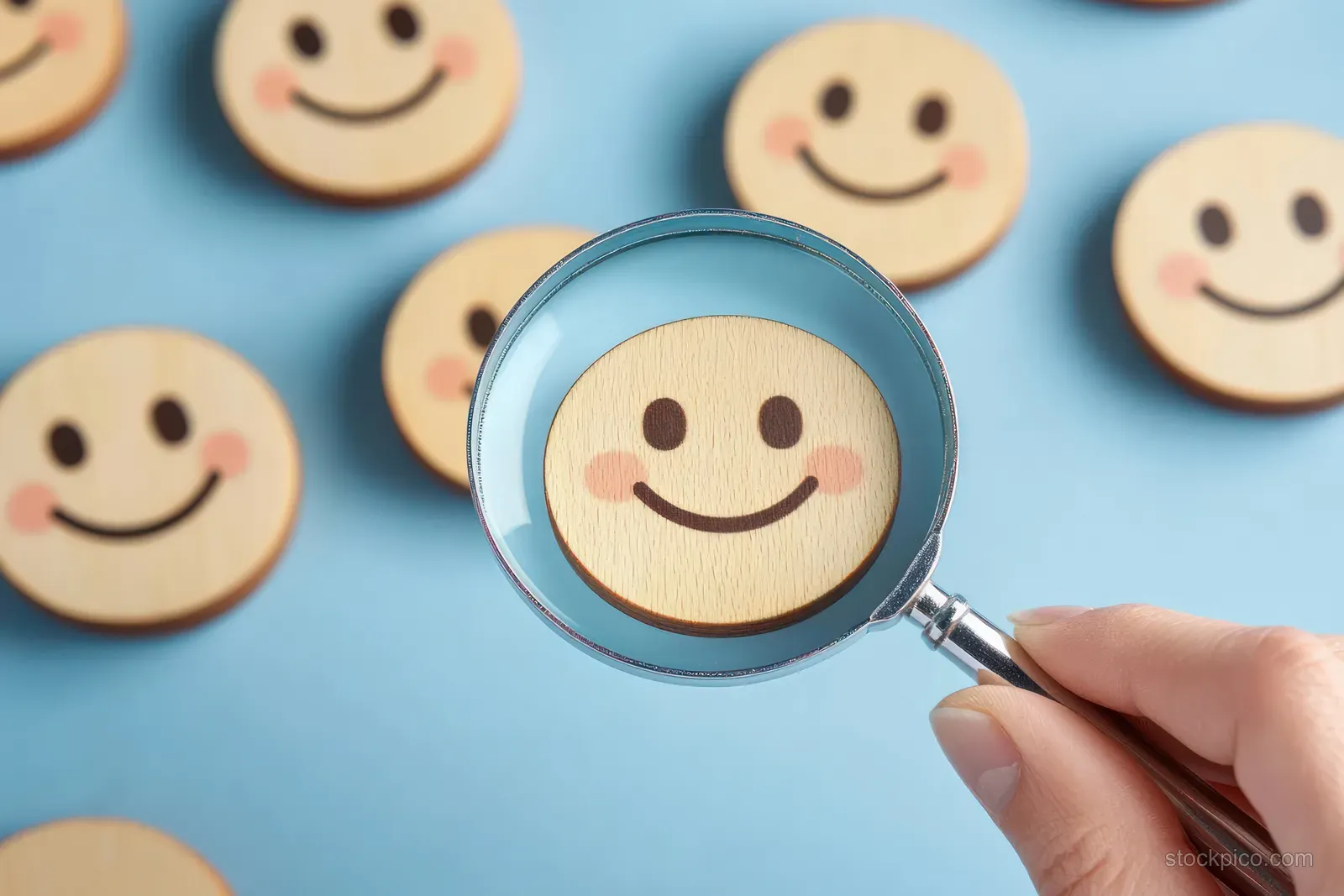 A hand holds a magnifying glass over a wooden smiling face with other smiley faces scattered on blue.