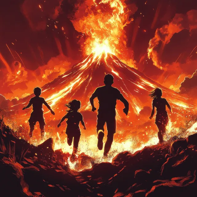 Silhouetted family runs away from an erupting volcano with blazing lava and smoke lighting the scene.