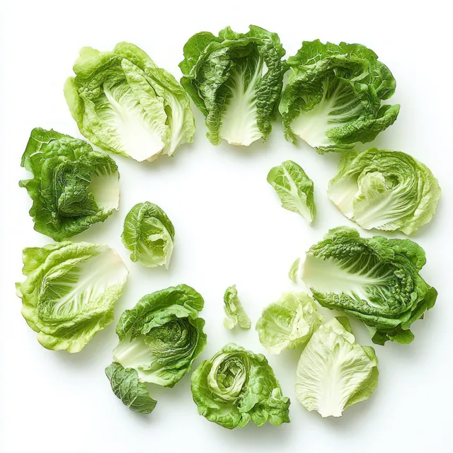 Fresh green lettuce leaves arranged in a circular pattern on a clean white background