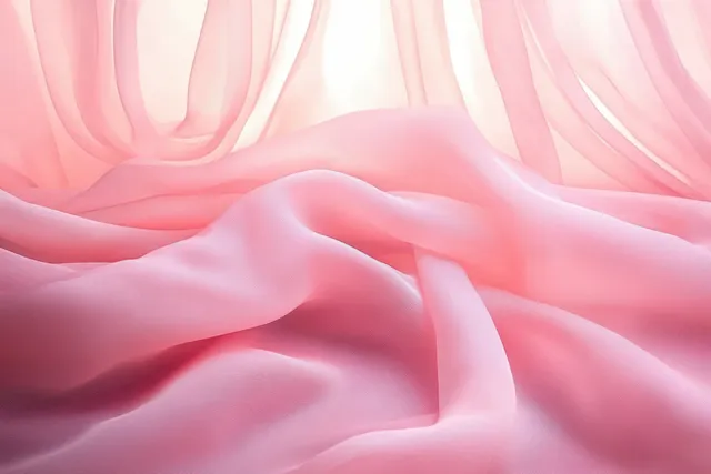 Sheer pink silk fabric draped in soft waves with diffused warm light across flowing folds.