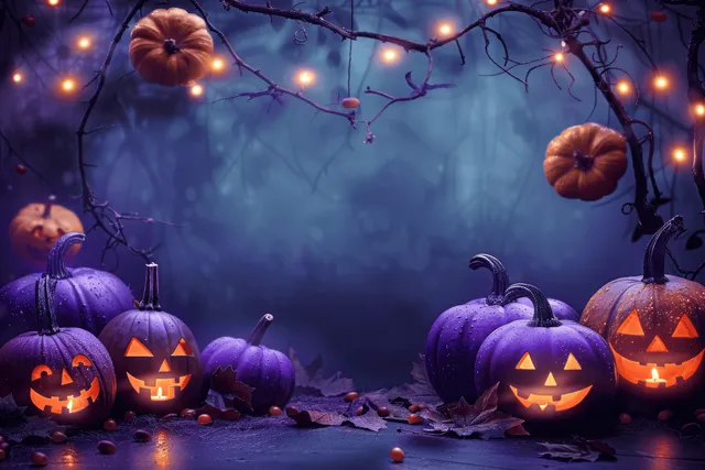 Glowing carved jack-o'-lantern pumpkins and autumn decorations under string lights on a dark Halloween night scene.