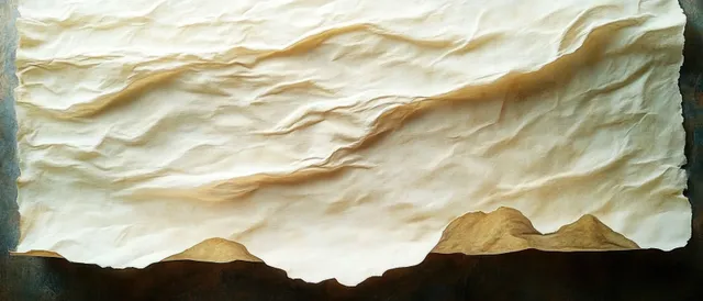 Crumpled aged paper sheet with torn edges, evoking desert dunes under soft shadows