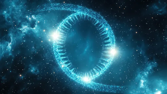 Glowing blue DNA double helix spiral floats in a starry cosmic space with bright particle lights.