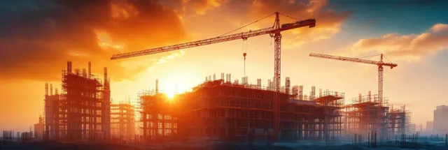 Sunset view of cranes and scaffolding around a concrete construction frame in an urban skyline.