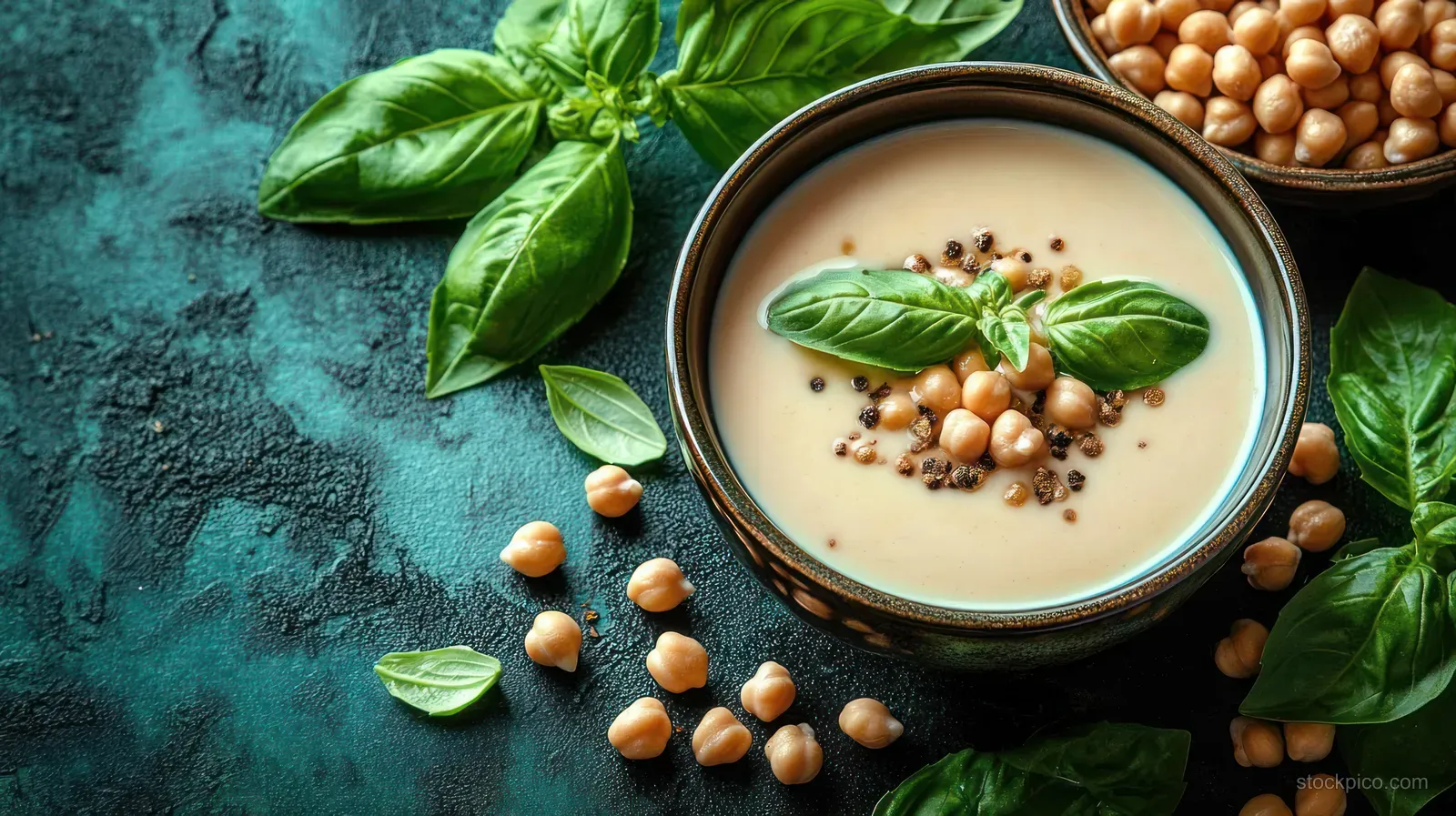 Creamy chickpea soup in a bowl topped with whole chickpeas, fresh basil leaves, and cracked black pepper.