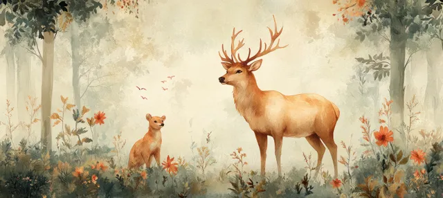 Watercolor woodland scene with stag and cub among spring flowers, misty forest background