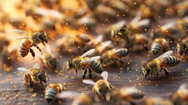 Honey bees swarm on wooden hive boards as pollen floats through sunlit air