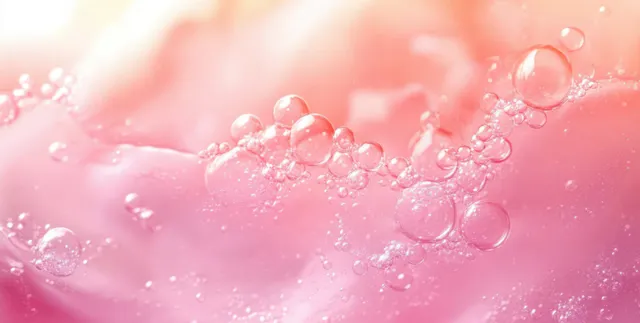 Transparent bubbles clustered in a soft pink and peach gradient background, catching small reflections.
