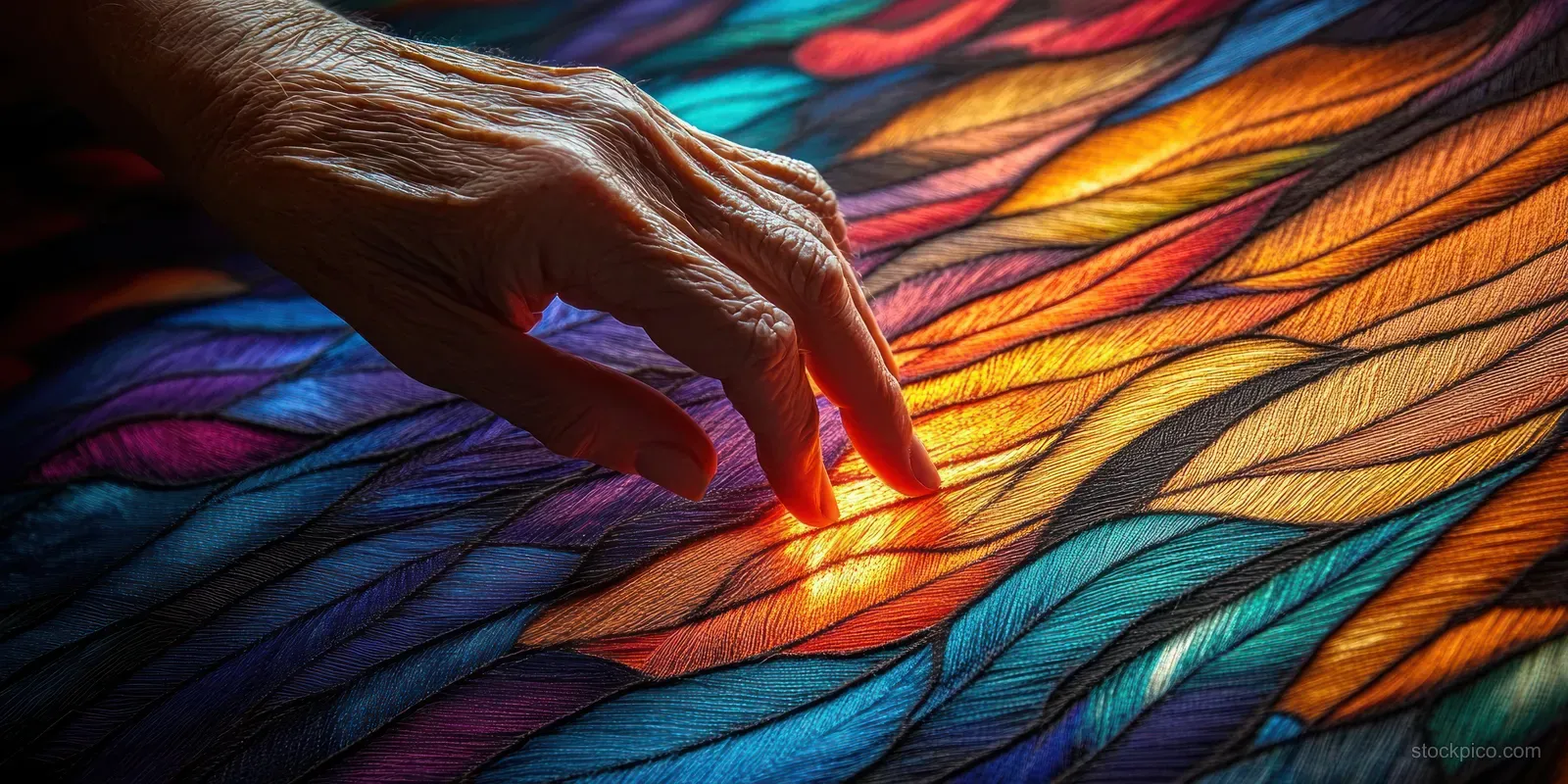 Elderly fingers gently touch a colorful feather-pattern textile under soft natural light.