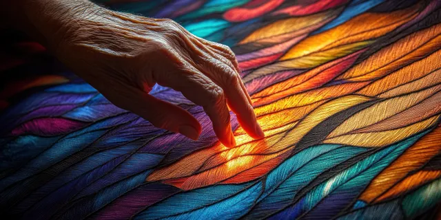 Elderly fingers gently touch a colorful feather-pattern textile under soft natural light.