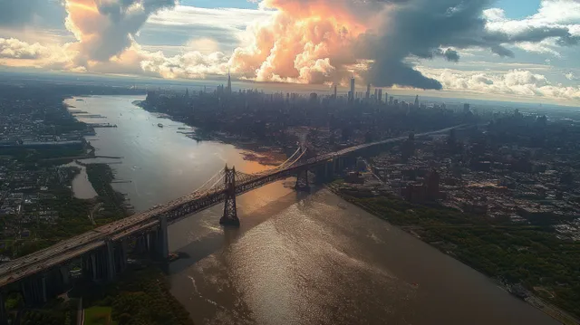 Aerial view of a suspension bridge crossing a wide river toward a city skyline at sunset
