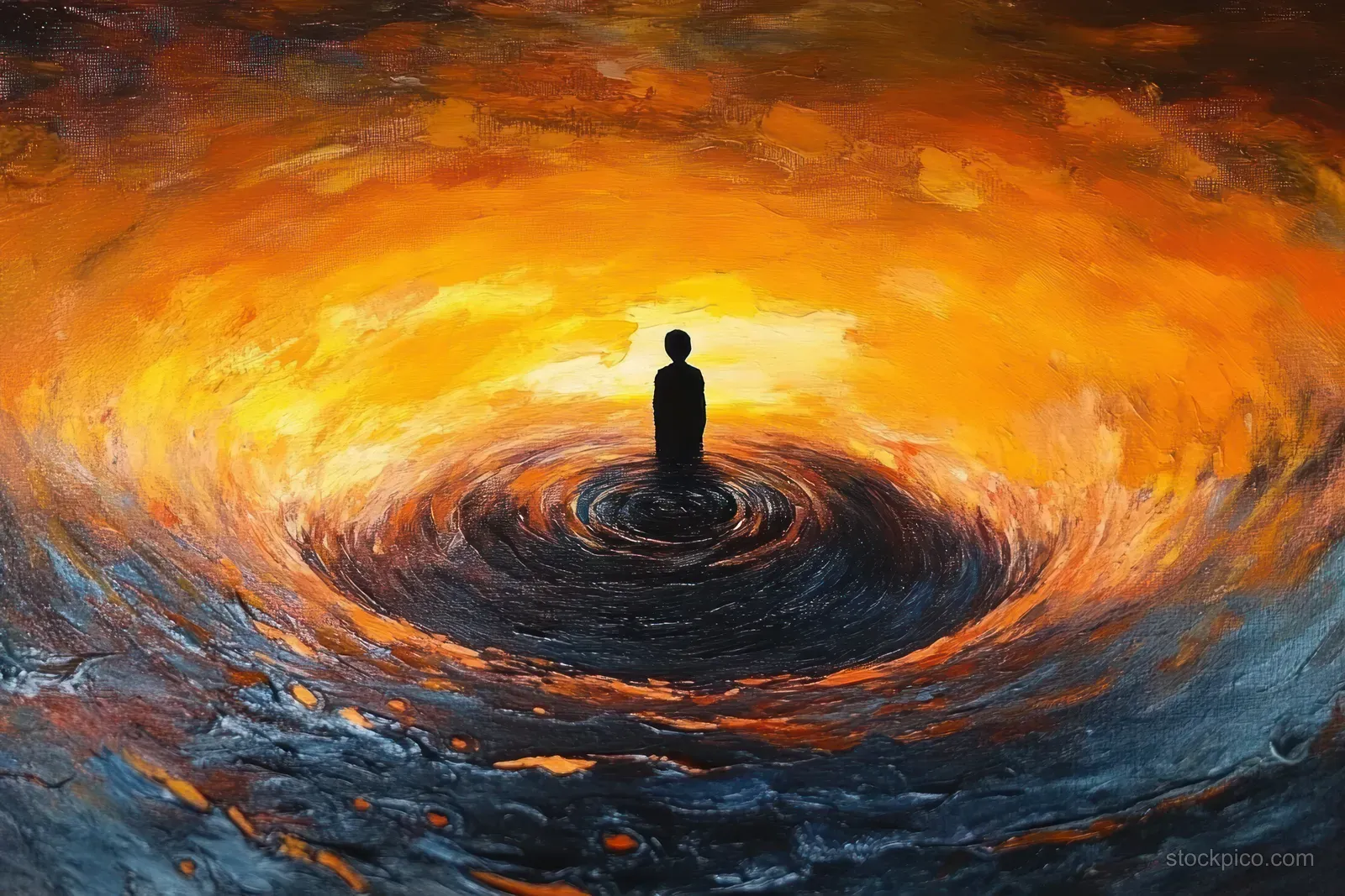A lone silhouette stands inside a glowing spiral vortex of fiery orange and dark blue swirls.