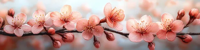 Cherry blossom branch in watercolor with scattered pink flower petals forming a seamless spring pattern.
