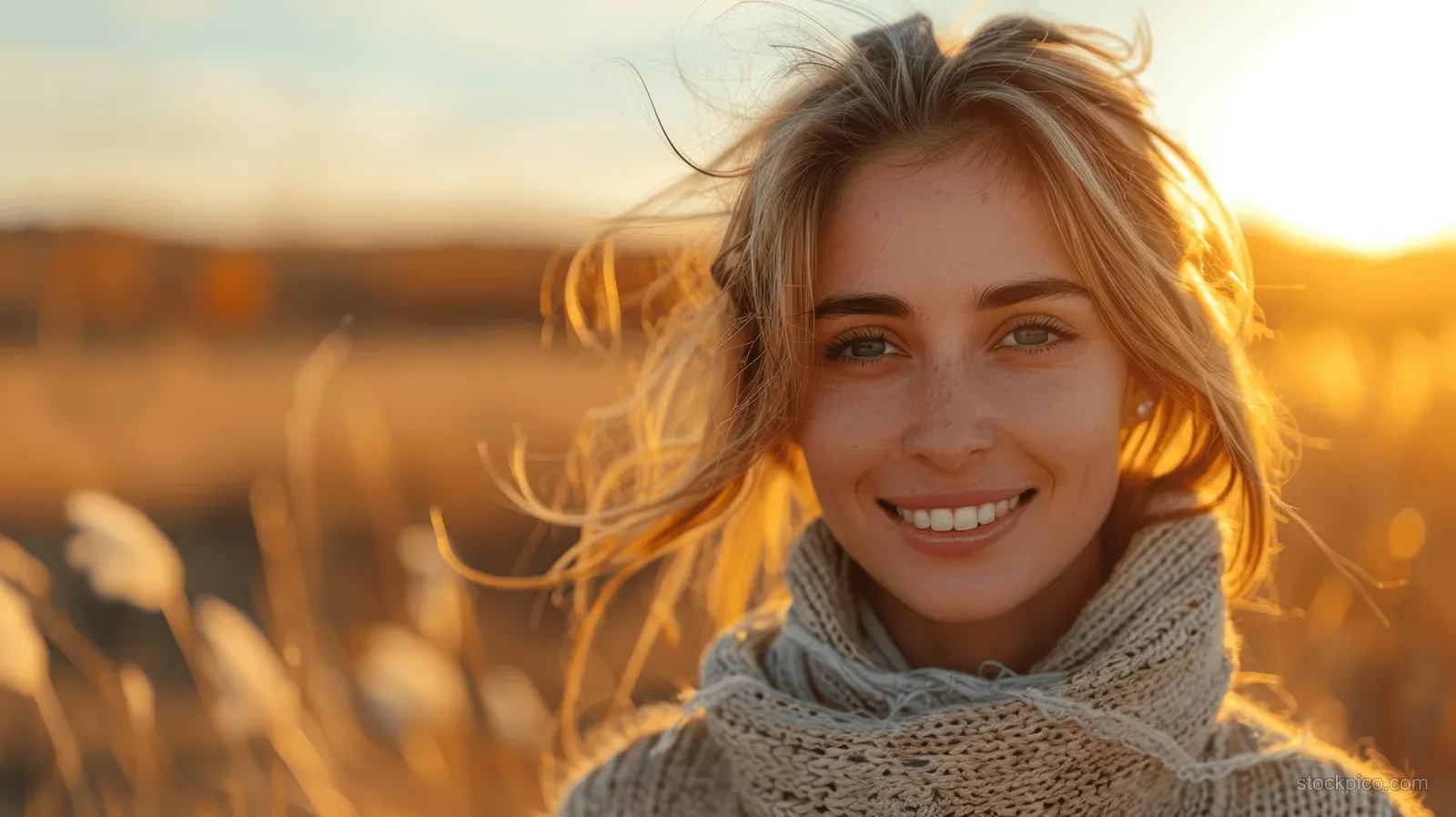 Smiling young woman standing in a field at sunset wearing a cozy sweater.